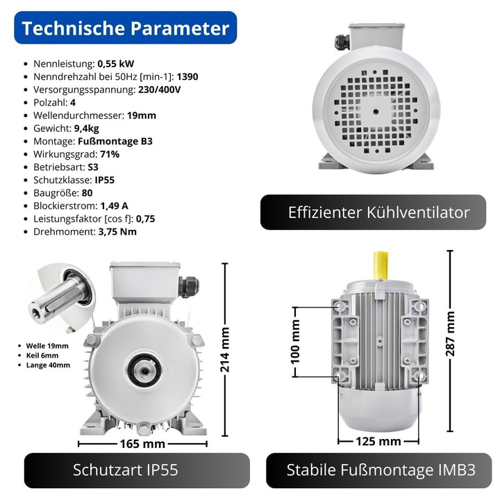 Elektromotor 0,55kW 1390rpm 3-phas. 230/400V Drehstrommotor MOLL-MOTOR Energiesparmotor S1 B3 Wellen