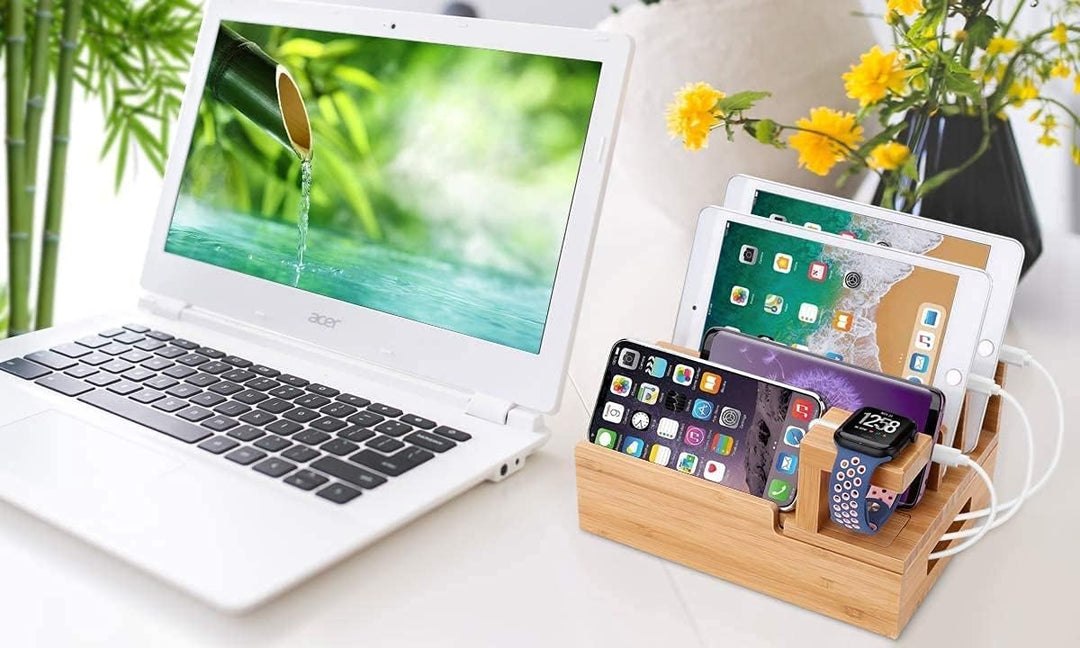 Handy Ladestation USB Ladegerät mehrfach Ladestation für mehrere Geräte Smartphone aus Bambus 5-Port