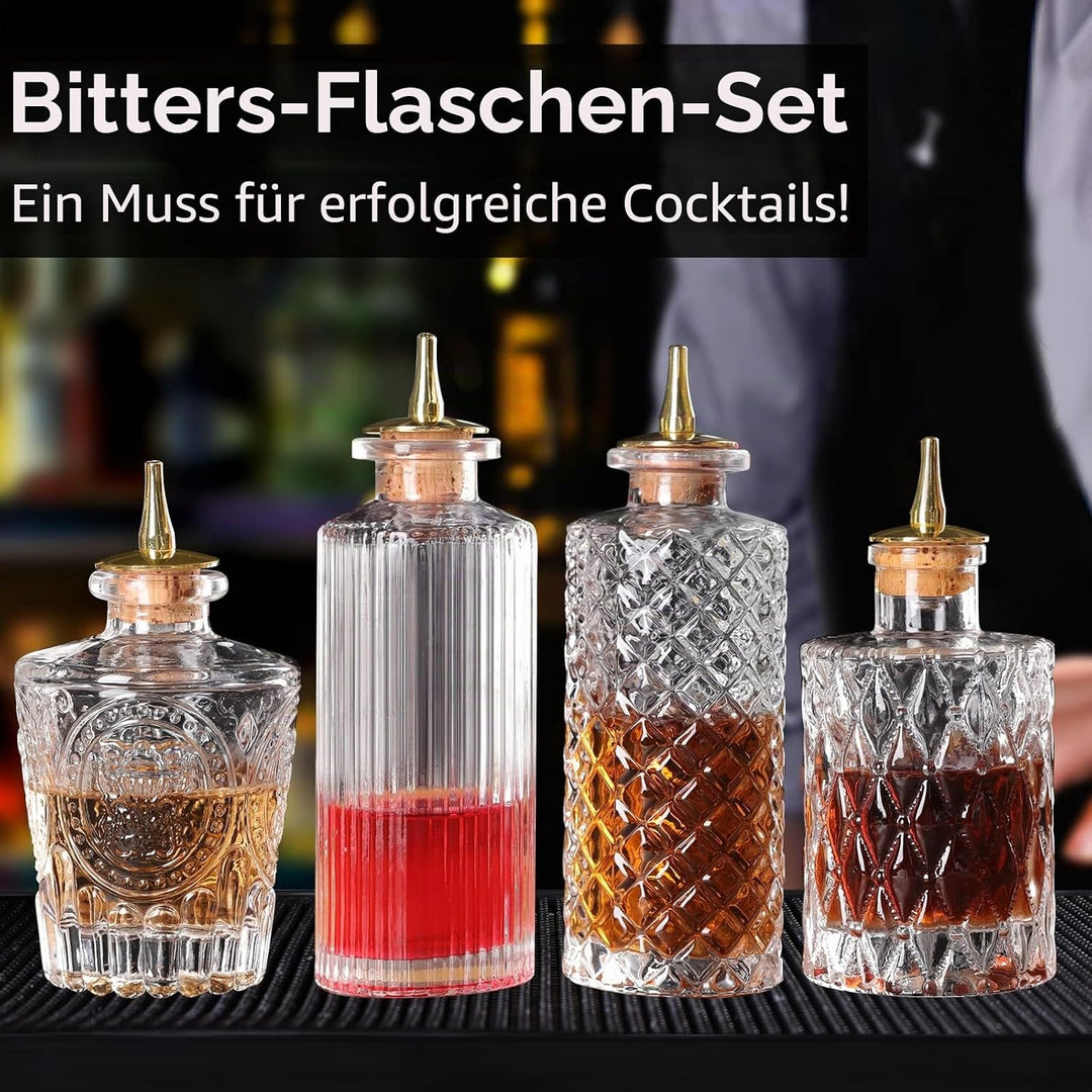 SuproBarware Bitterflasche Glasdasher für Cocktails 4 Stück – Glasflaschen mit Armaturenbrettverschl
