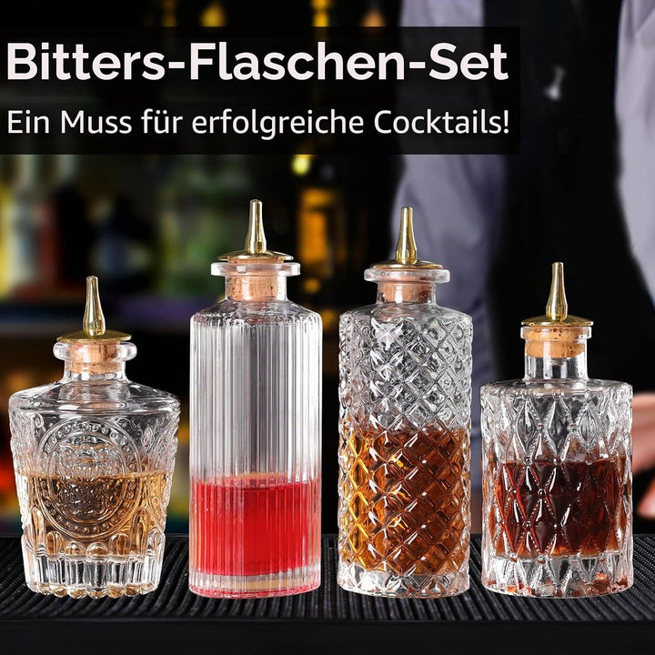 SuproBarware Bitterflasche Glasdasher für Cocktails 4 Stück – Glasflaschen mit Armaturenbrettverschl