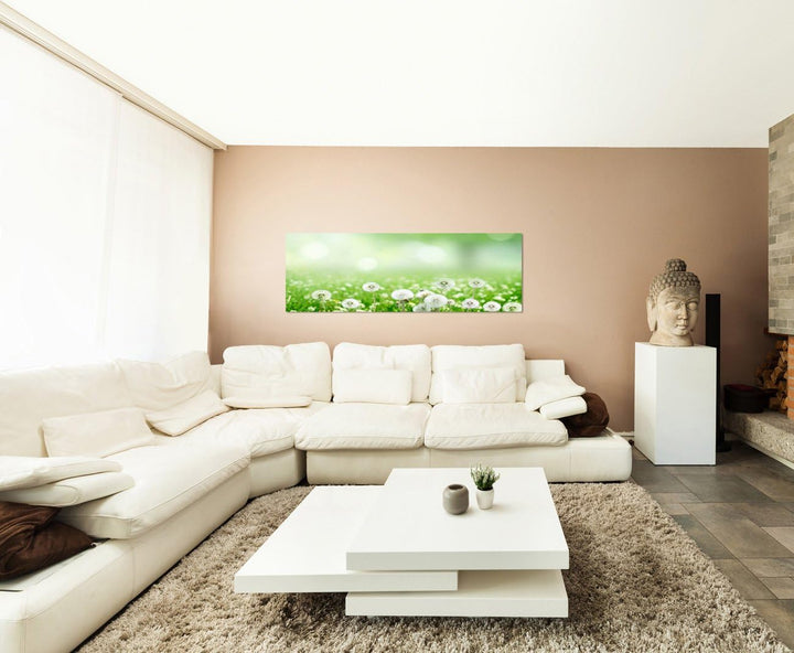 Paul Sinus Art Panoramabild auf Leinwand und Keilrahmen 120x40cm Wiese Pusteblumen Frühling