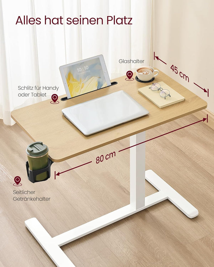 VASAGLE Beistelltisch mit Rollen, mobiler Stehtisch, 80 x 45 cm grosse Tischplatte, verstellbare Höh
