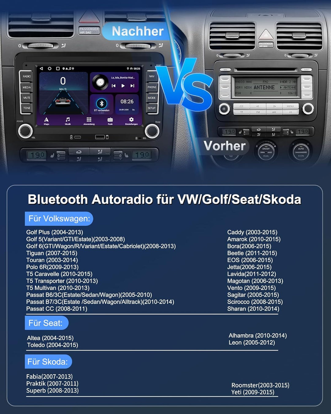 Ledio Bluetooth Autoradio mit Bildschirm für VW Golf 5 6 T5 Polo 6r Caddy Passat Touran Seat, Auto R