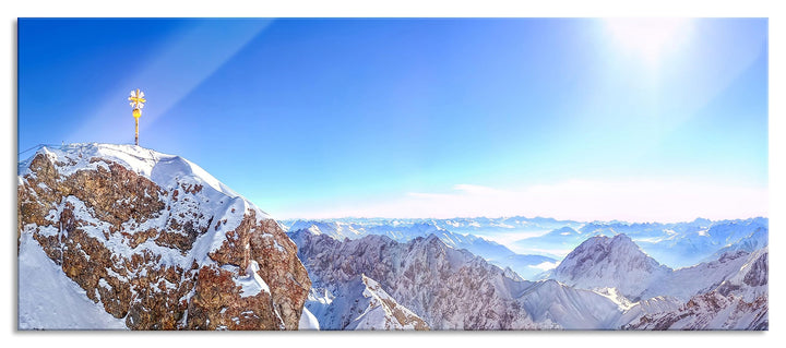 Glasbild Panorama | Wandbild aus Echtglas | Zugspitze im Sonnenlicht | 100x40 cm | inkl. Aufhängung