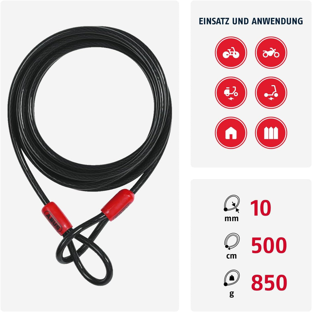 ABUS Schlaufenkabel Cobra 10 - Stahlseil mit Kunststoff ummantelt - Sicherung für Fahrrad- und Motor