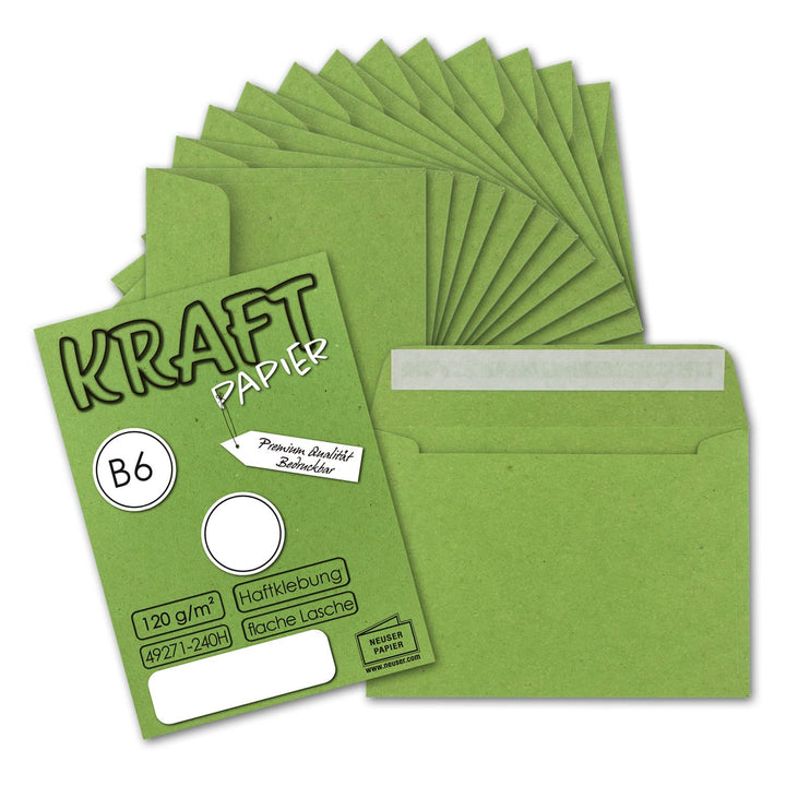 100x Vintage Umschläge in hellgrün (grün) - DIN B6 125 x 176 mm - 120 g/m² Kraftpapier Recycling Ums
