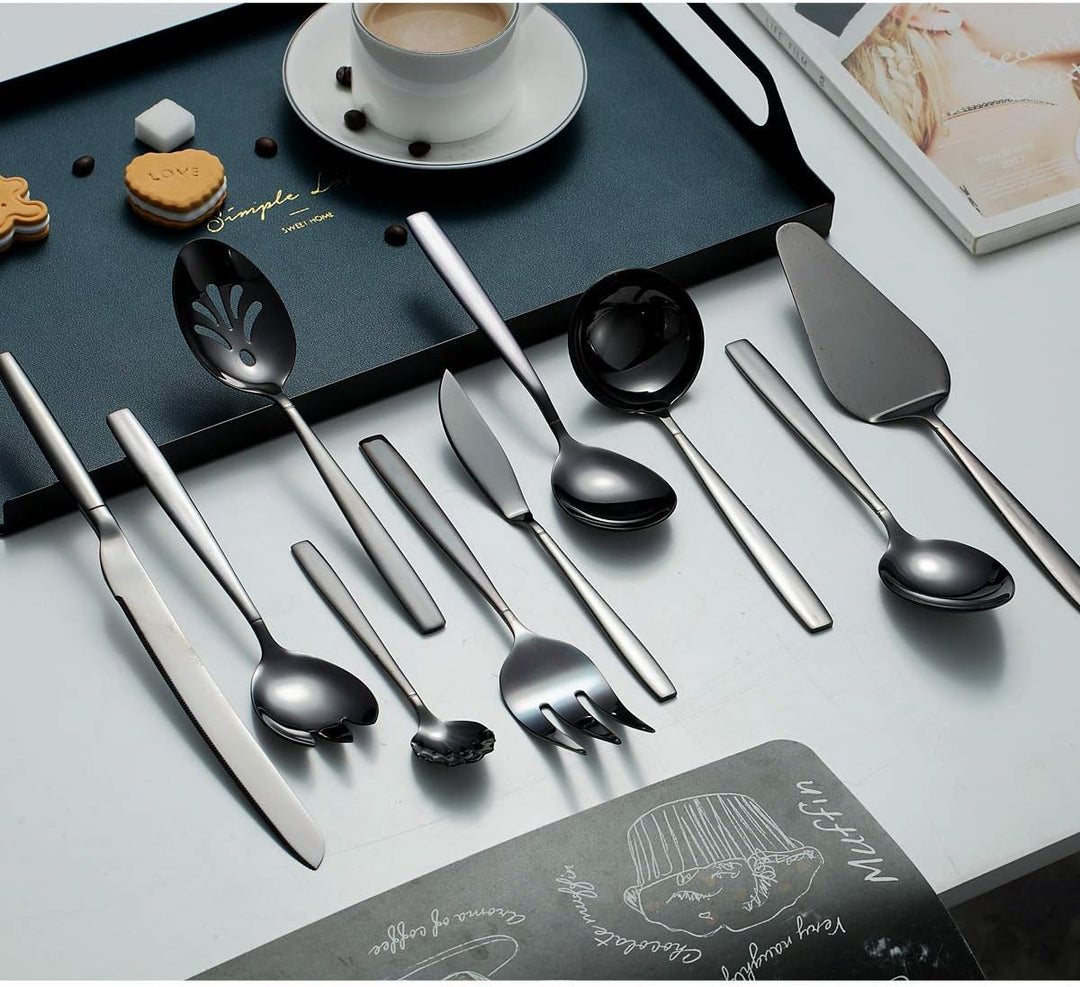 Berglander Black Silverware Servierset 10-teilig, Edelstahl-Besteck-Servierset mit schwarzer Titanbe