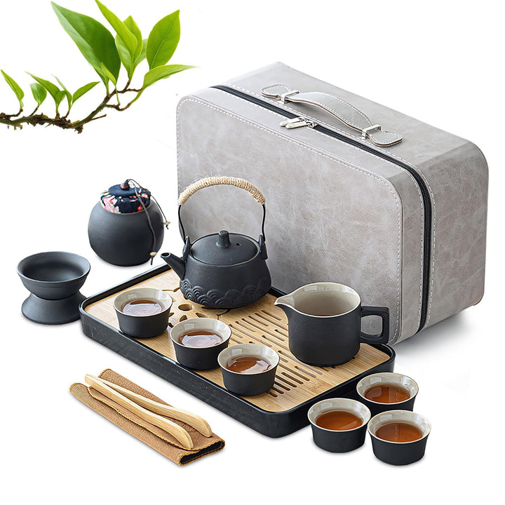 Tee-Set 14-teilig, Keramik schwarz, mit Kanne, 6 Tassen und Tablett | Japanisches Kung-Fu-Design. Tr