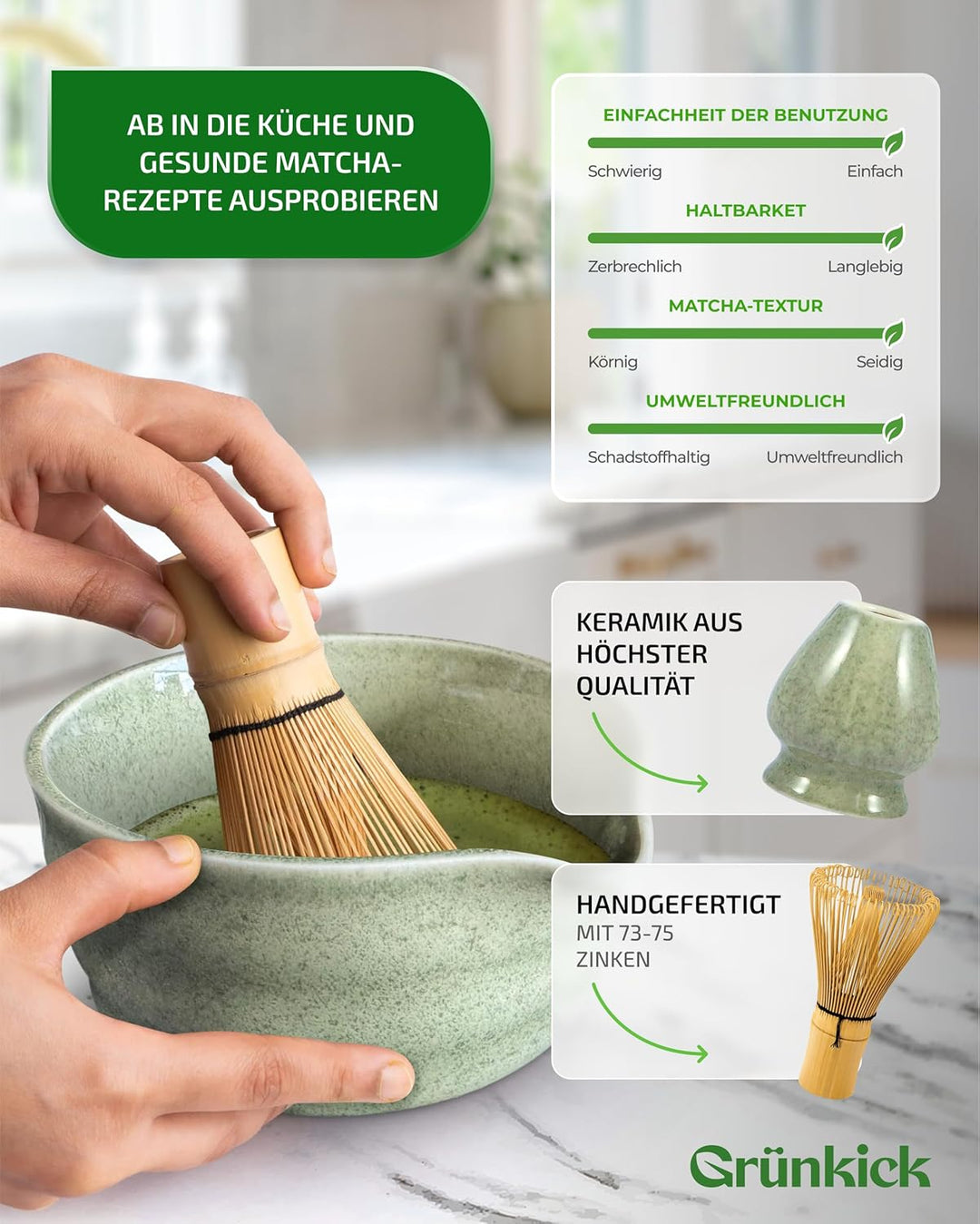 Matcha Set Grün – Premium Matcha Tee Set mit Matcha Schale, Bambus Matcha Besen & Matcha Zubehör - J