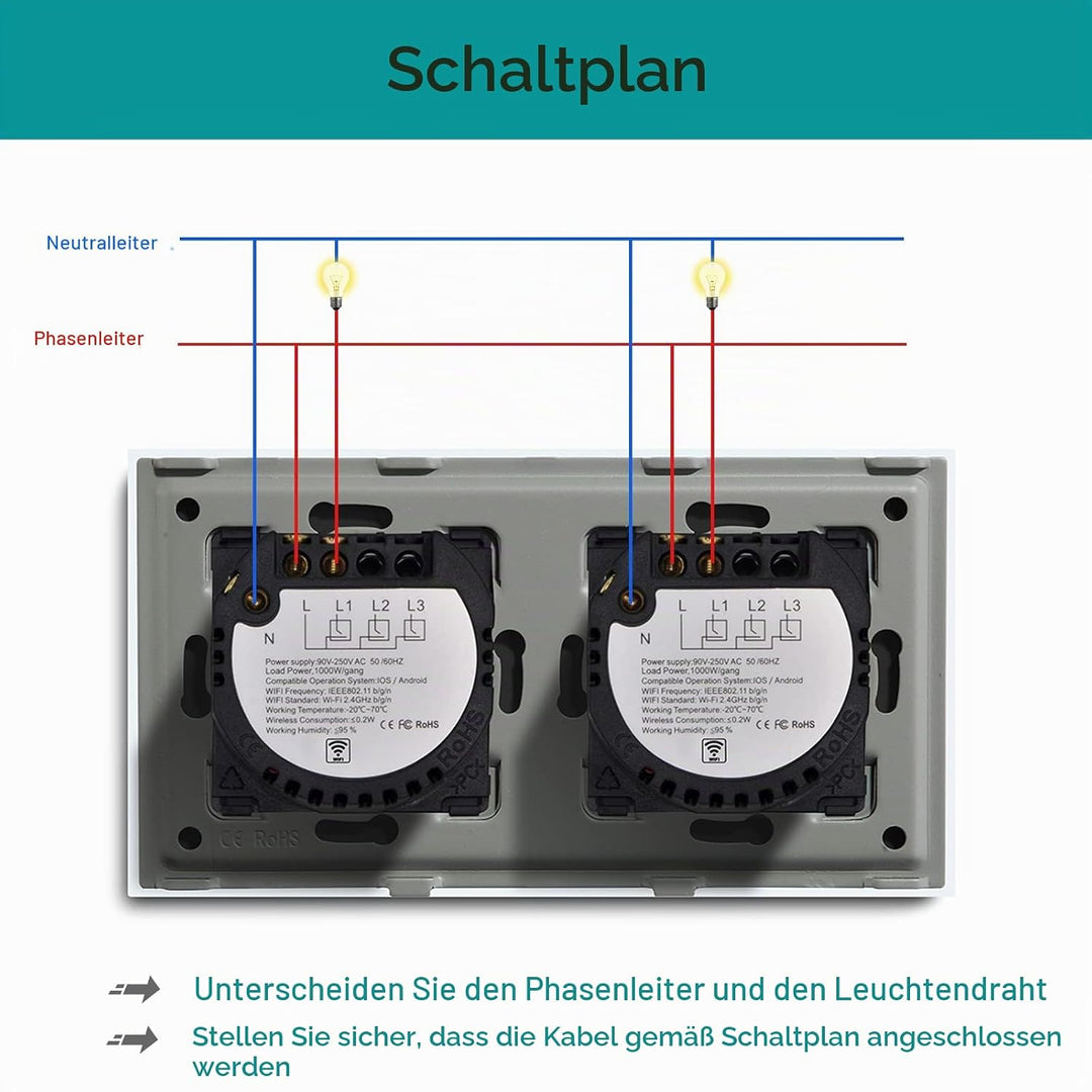BSEED Doppelschalter Smart Alexa Lichtschalter aus Glas, WiFi Touch Wandschalter 1 Fach 1 Weg (Neutr