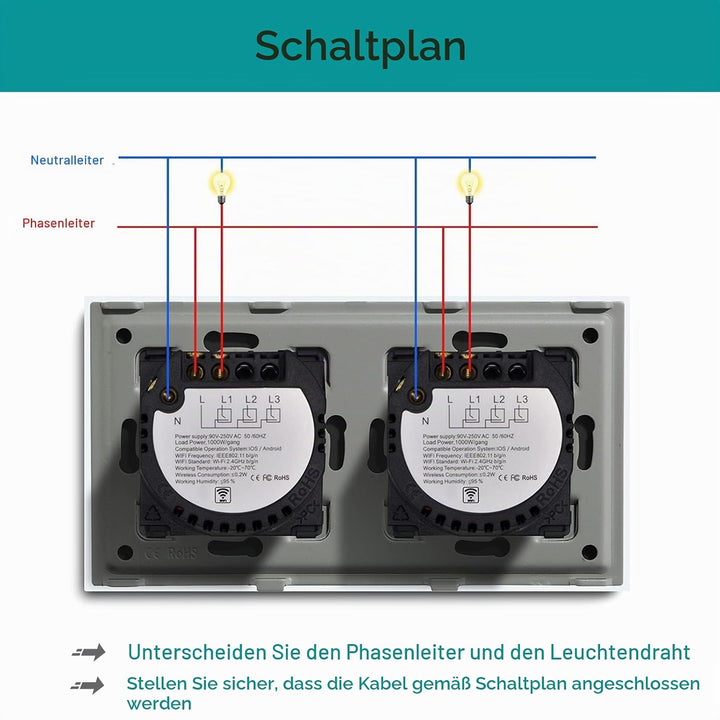 BSEED Doppelschalter Smart Alexa Lichtschalter aus Glas, WiFi Touch Wandschalter 1 Fach 1 Weg (Neutr
