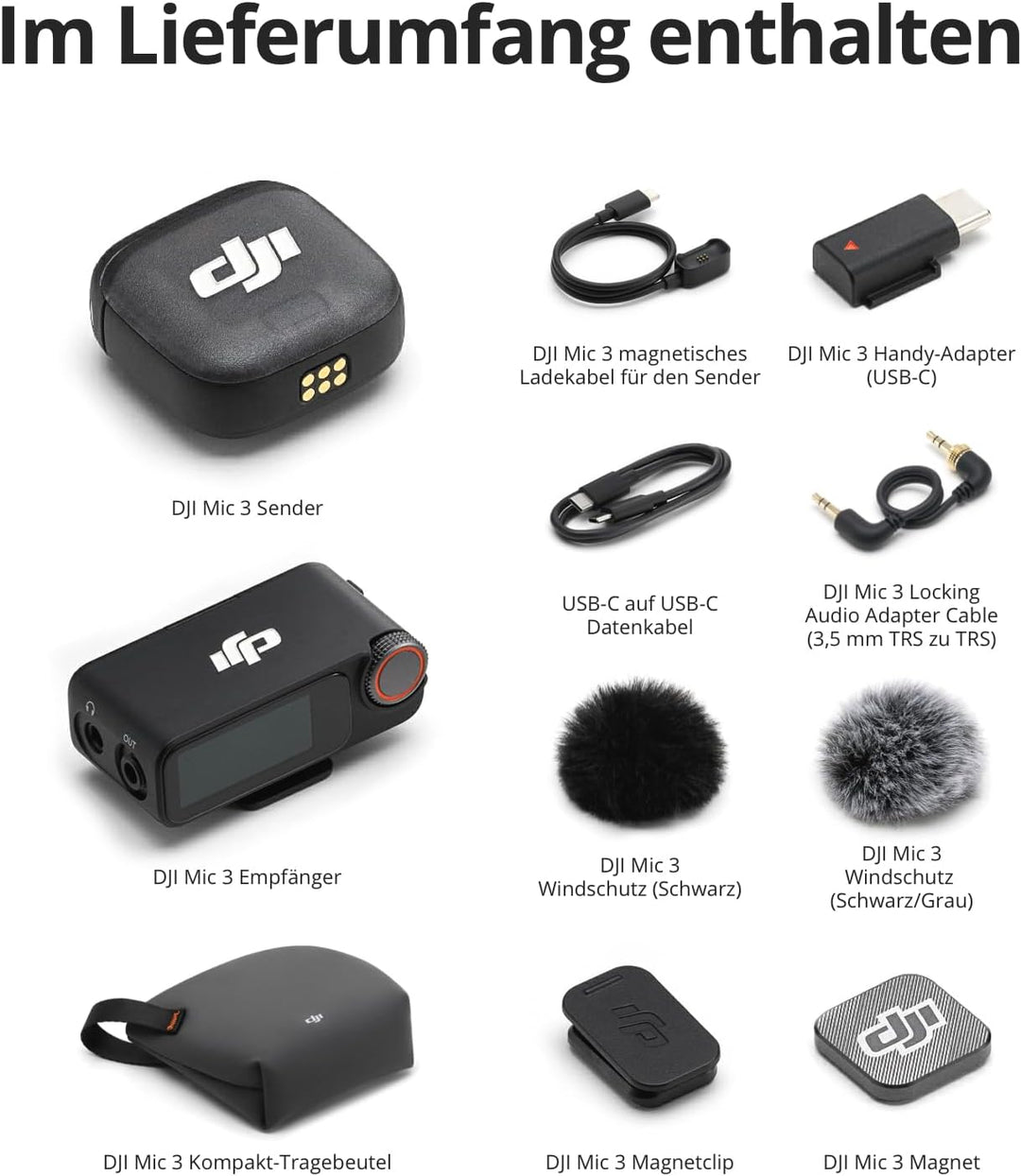 DJI Mic 3 (1 Sender + 1 Empfänger), drahtloses Lavalier-Mikrofon für iPhone/Kamera/Android, Ultralei