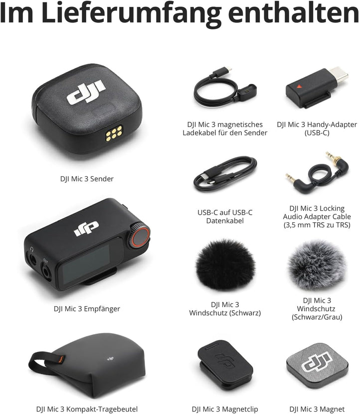 DJI Mic 3 (1 Sender + 1 Empfänger), drahtloses Lavalier-Mikrofon für iPhone/Kamera/Android, Ultralei