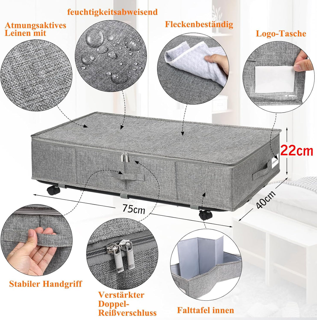 JUPELI 2 Stück Unterbettkommode mit Rollen, 50L faltbare Unterbett-Aufbewahrungsbox, Bettkasten mit