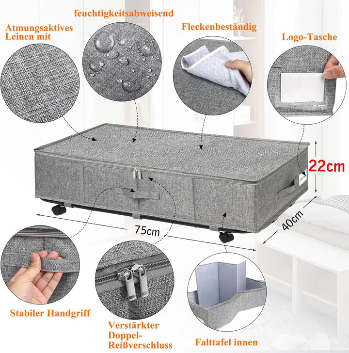 JUPELI 2 Stück Unterbettkommode mit Rollen, 50L faltbare Unterbett-Aufbewahrungsbox, Bettkasten mit