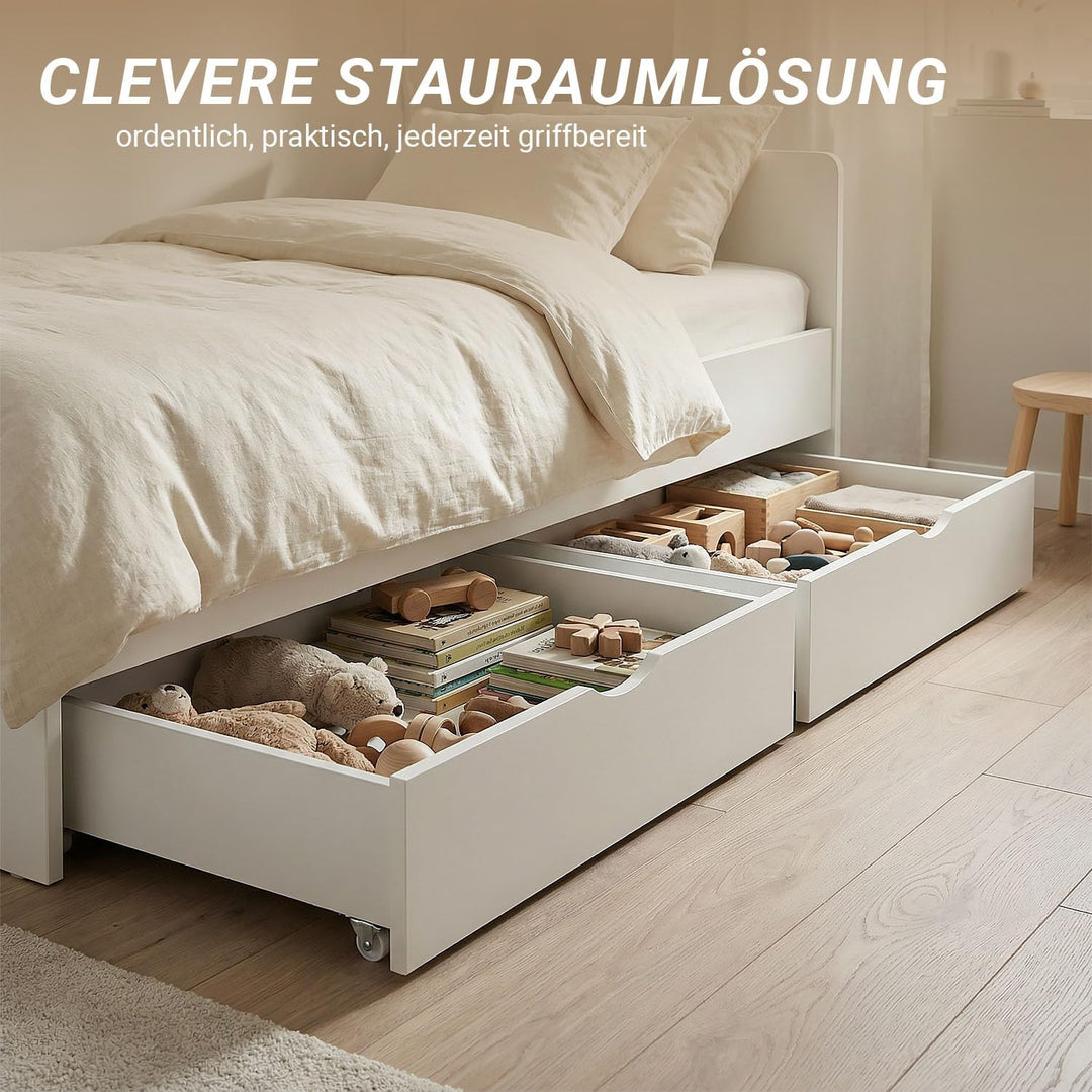 Homestyle4u 2er Set Bettkästen mit Rollen Weiss - Kiefer Bettschubladen | Stabiler Unterbettkasten a