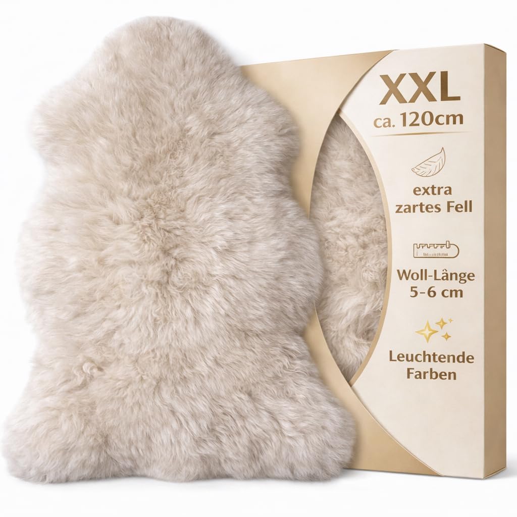 Extra grosses Super-Premium Lammfell, Schaffell, hell-beige. Extra zartes, geruchsarmes, echtes Meri