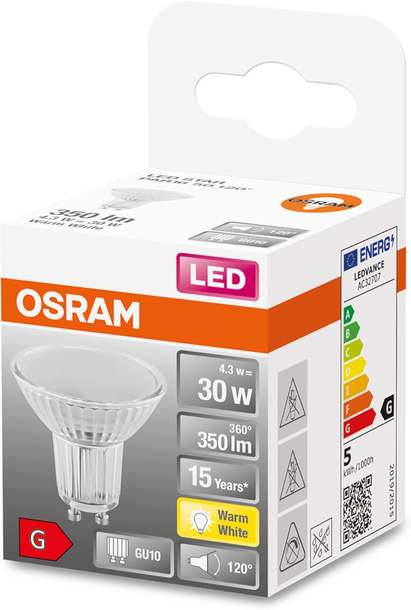 OSRAM PAR16 LED Reflektorlampe mit GU10 Sockel, Warmweiss (2700K), Glas Spot, 4.3W, Ersatz für 50W-R