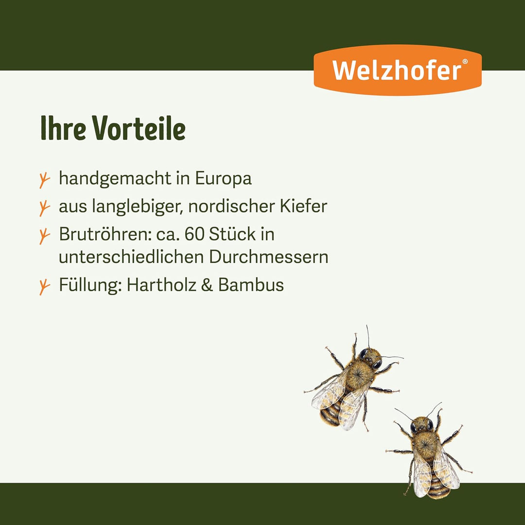 Welzhofer Wildbienenkasten Janine, Bienenhotel mit Brutröhen mit 10cm Tiefe - mehr Platz für die Eia