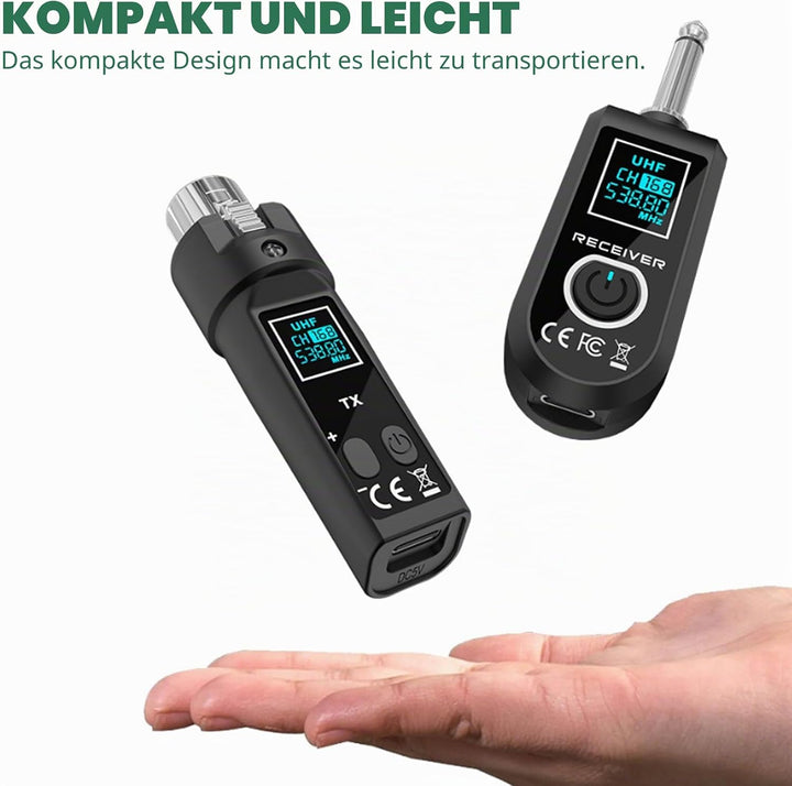 Drahtloses XLR Mikrofon Sender Empfänger, 2.4GHz 1 zu 2 UHF Kabelloses Sender/Empfänger für dynamisc