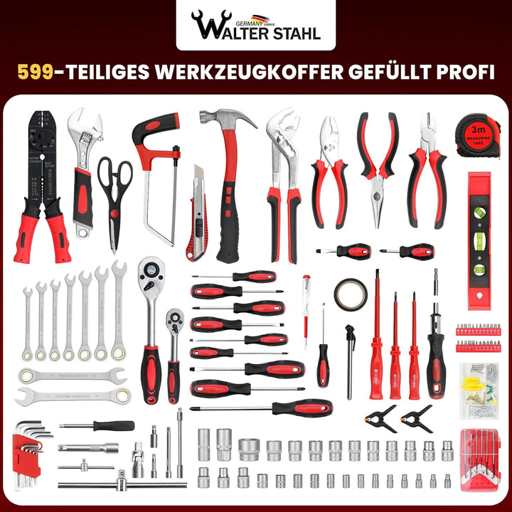 WALTER STAHL Werkzeugkoffer gefüllt 599 tlg | Werkzeugkasten | Aluminiumkoffer | Werkzeug Set | für