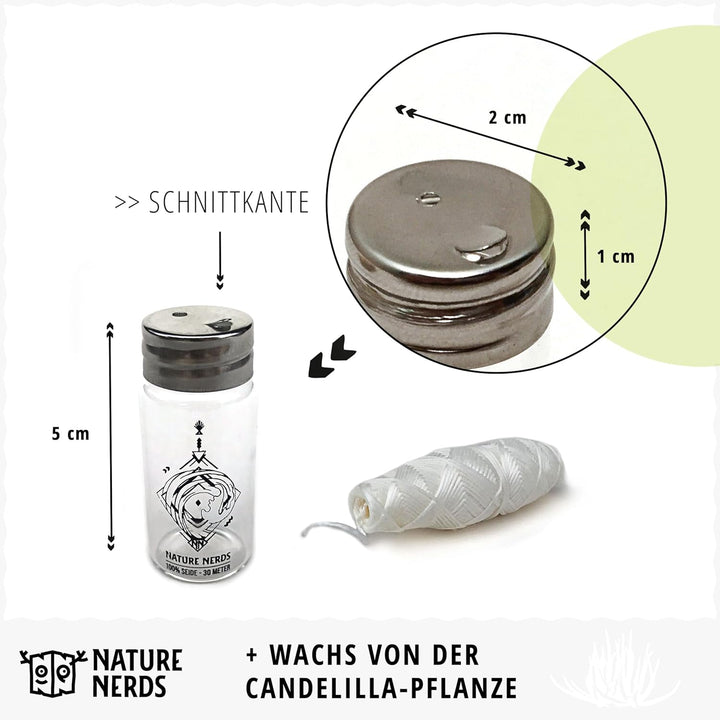 Nature Nerds – plastikfreie Natur Zahnseide im Glas-Flakon gewachst mit Candelilla – 6 Spulen = 180