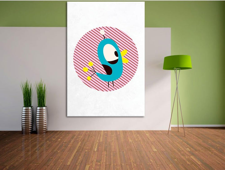 Pixxprint Lustiger Vogel mit gestreiftem Hintergrund weiss, Format: 100x70 auf Leinwand, XXL riesige