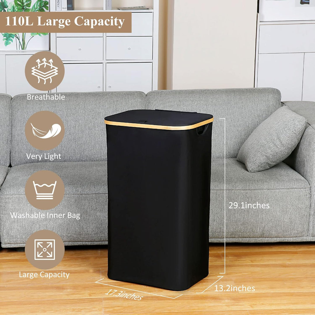 iEGrow 110L Wäschekorb mit Deckel, Grosser Wäschesammler mit herausnehmbarem und waschbarem Innentas