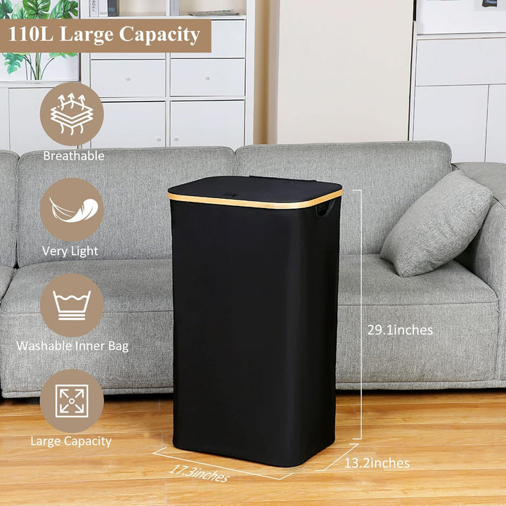 iEGrow 110L Wäschekorb mit Deckel, Grosser Wäschesammler mit herausnehmbarem und waschbarem Innentas