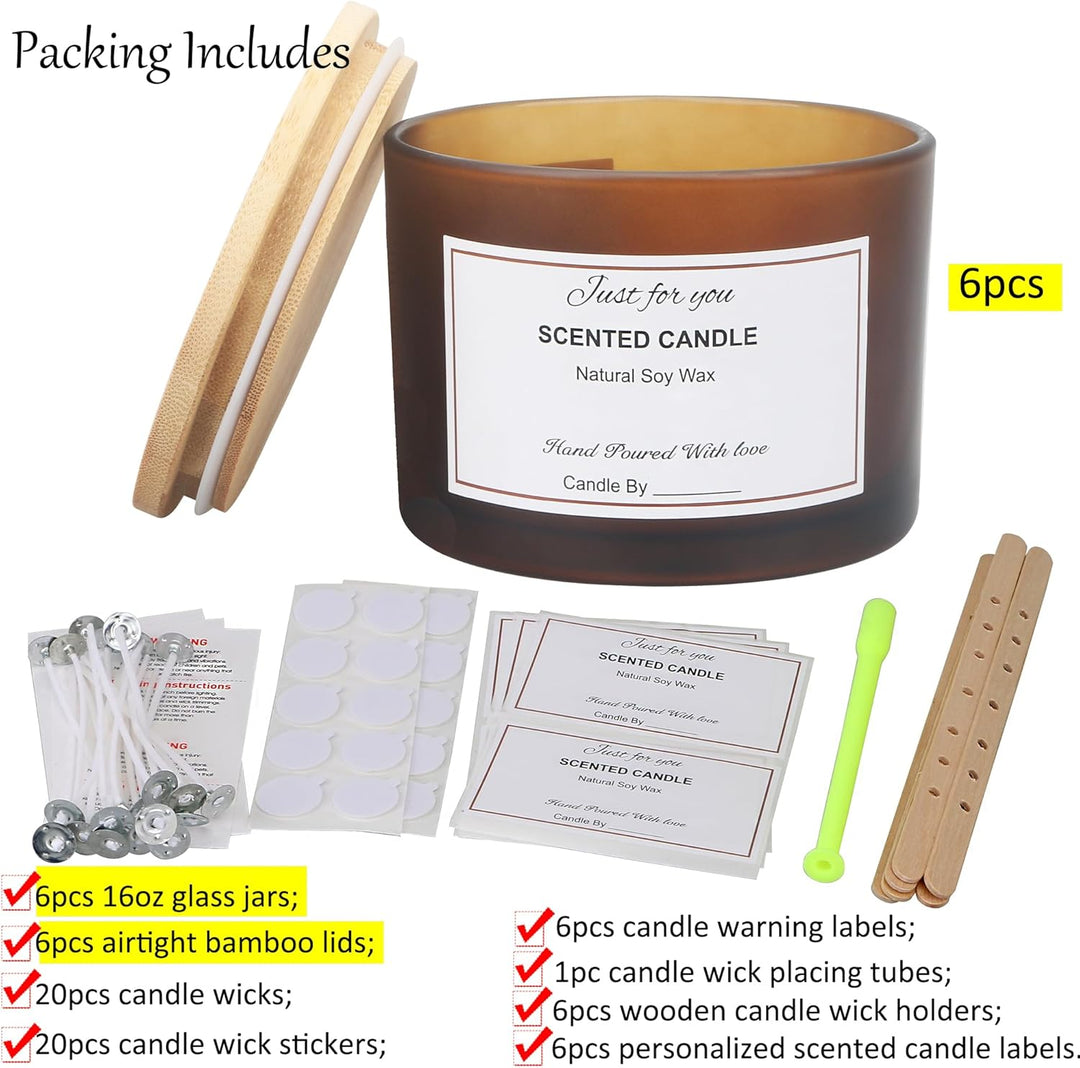 MILIVIXAY 6 x 473 ml Kerzengläser mit Bambusdeckel und Kerzenherstellungs-Kits – 3-Docht-Kerzenglas,