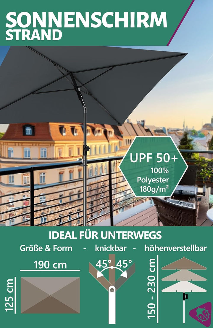 Menz Sonnenschirm Balkon Anthrazit, inkl. Sonnenschirmhülle - UPF 50+ Sonnenschirm rechteckig 190 x