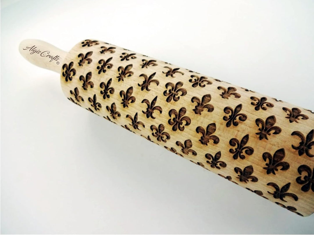 FLEUR DE LIS Nudelholz. Teigroller mit Oriental Blume für Teig & Plätzchen, Kuchen & Gebäck. Gravier