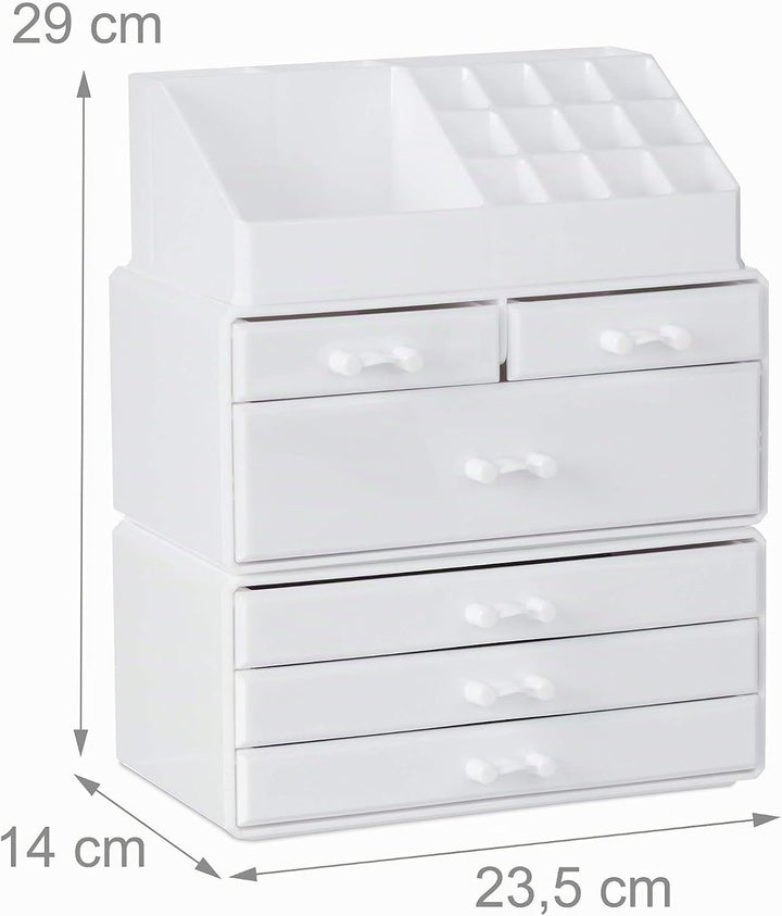 Relaxdays, weiss Kosmetikorganizer mit 6 Schubladen, 22 Fächer Make Up Organizer, Grosse Schmink-Auf