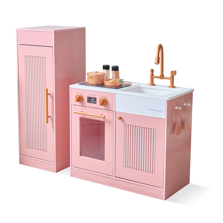 Teamson Kids Little Chef Chester Kinderküche in Pfirsich mit Zubehör, Spielküche aus Holz für Rollen