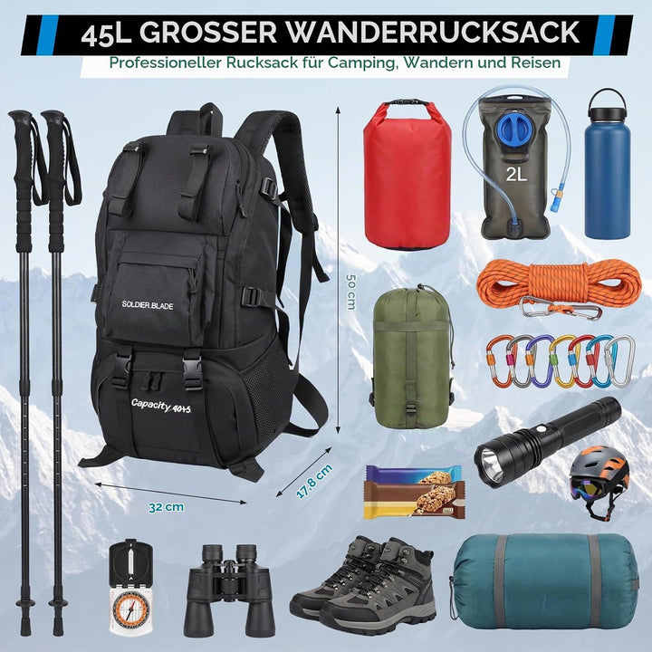 Wanderrucksack Herren Damen 45L Wasserdichter Rucksack Camping Rucksack Trekking Tasche für Trekking