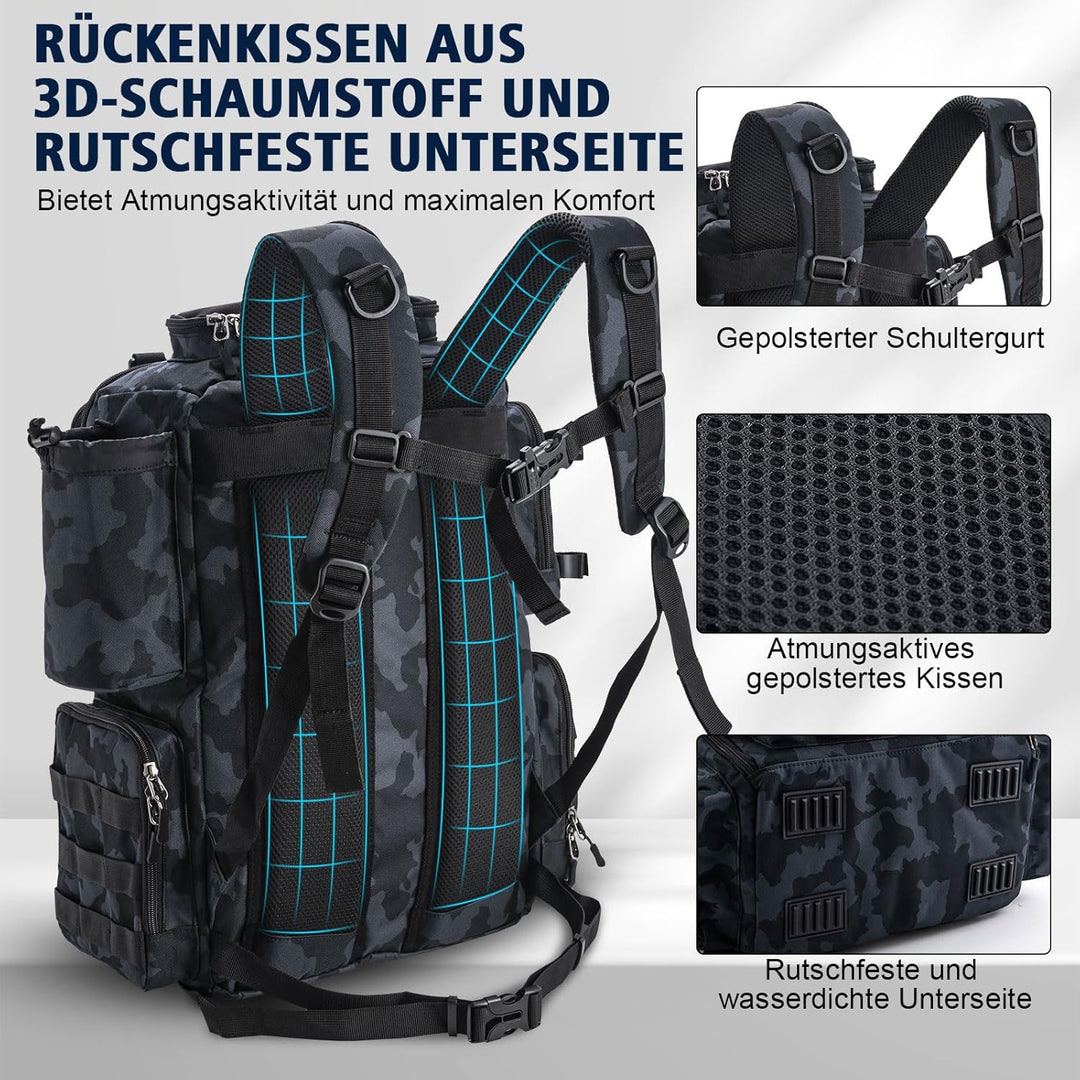 Goture Angelrucksack mit 4 Köderbox Angeln, 45-Liter Angelzubehör-Rucksack mit Zwei Rutenhaltern und
