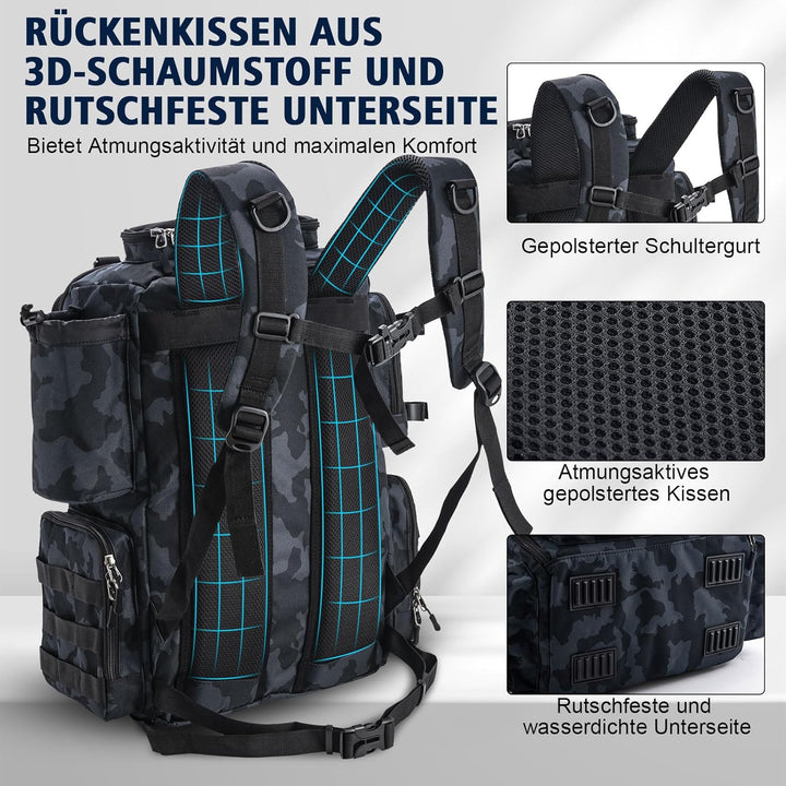 Goture Angelrucksack mit 4 Köderbox Angeln, 45-Liter Angelzubehör-Rucksack mit Zwei Rutenhaltern und