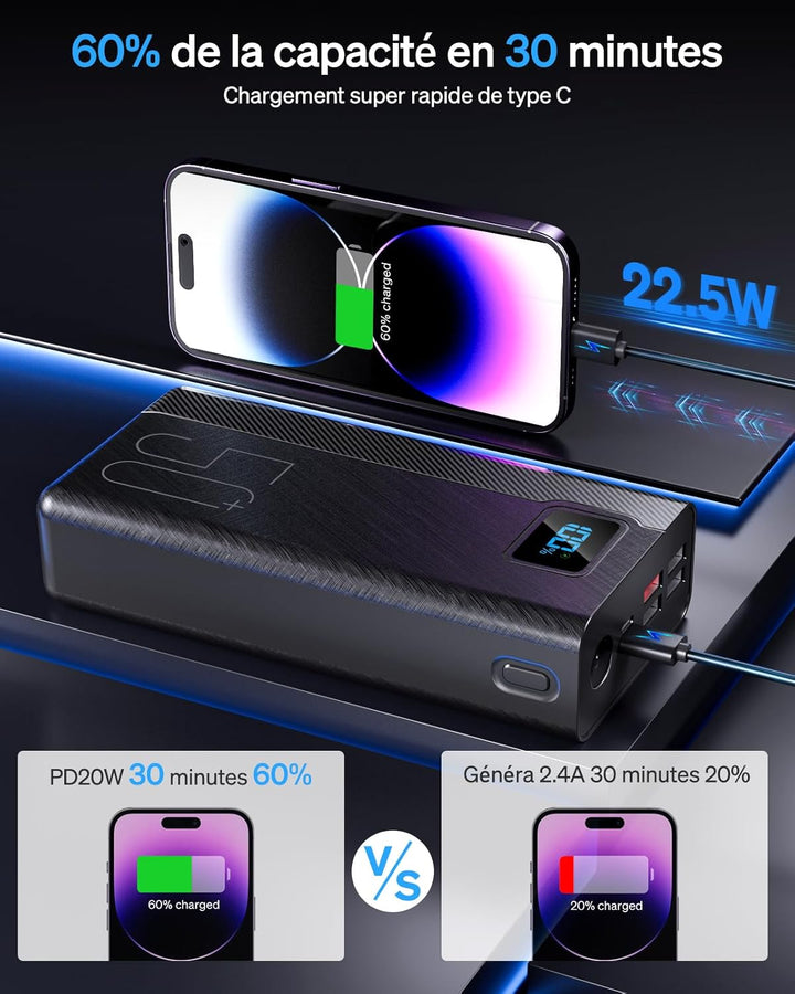 Power Bank 50.000 mAh, externer Akku mit 22,5 W, schnelles Laden, hohe Kapazität, 5 Ausgänge und 3 E