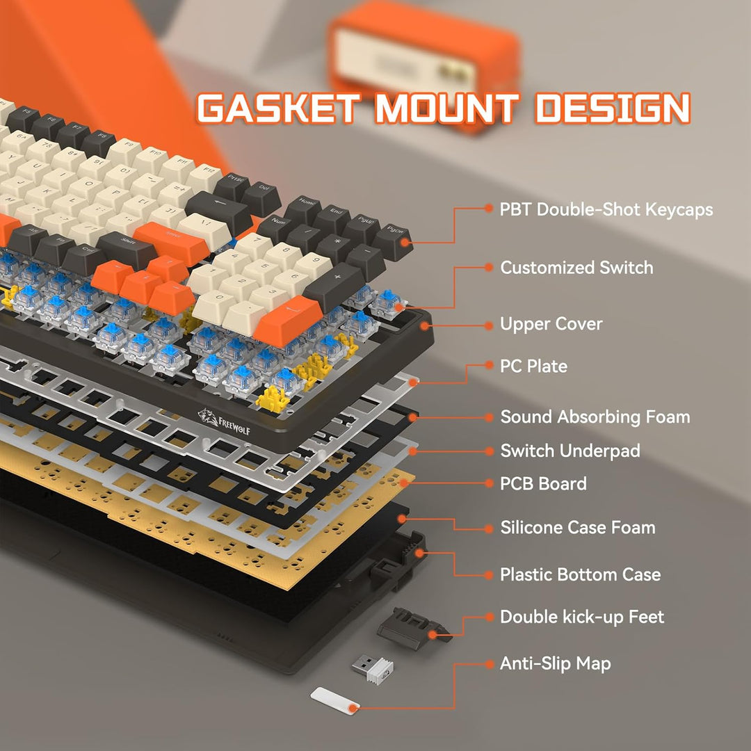 MAMBASNAKE K8 Bunte mechanische 3-Modu Tastatur, 2.4G kabellose Bluetooth Gaming Tastatur mit Spiral