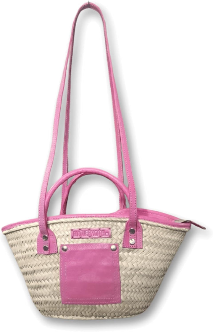 NATUREHOME Eleganz: Nachhaltige Palmblatt-Tasche mit stilvollen Pinken Leder-Highlights 37x12x16cm,