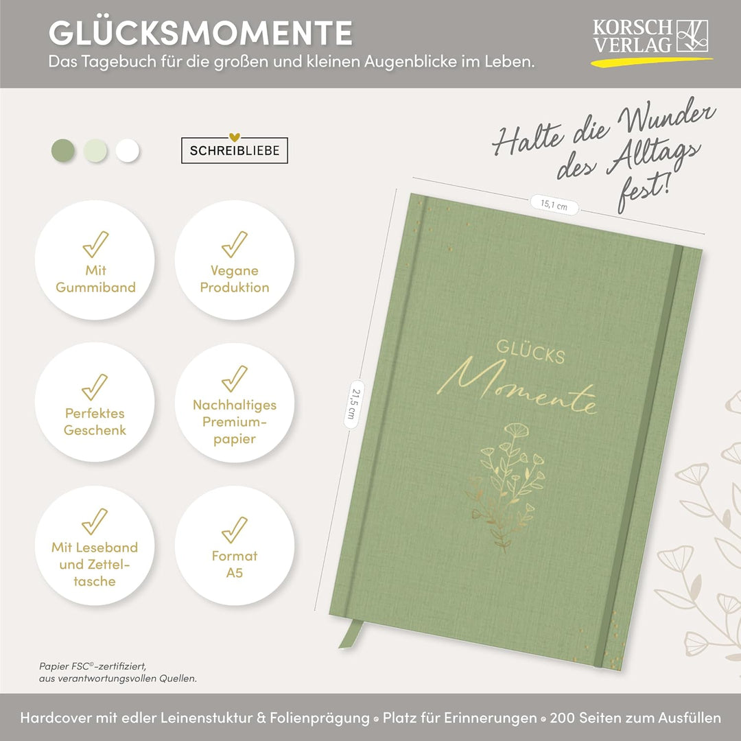 Glücksmomente Green: Notizbuch, Ausfüllbuch mit Goldveredelung, Lesebändchen, Zetteltasche und Gummi