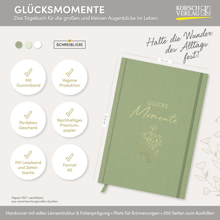 Glücksmomente Green: Notizbuch, Ausfüllbuch mit Goldveredelung, Lesebändchen, Zetteltasche und Gummi