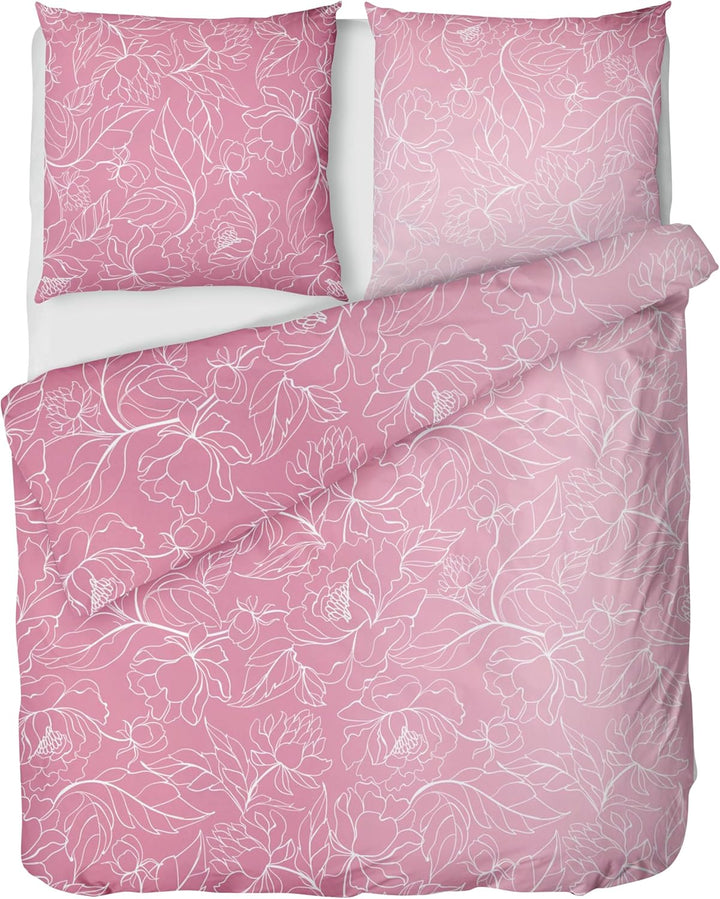 LINKHOFF Biber Bettwäsche Set 2tlg 135 x 200cm - Winterbettwäsche Altrosa Blumen Ranken-Motiv in Ros