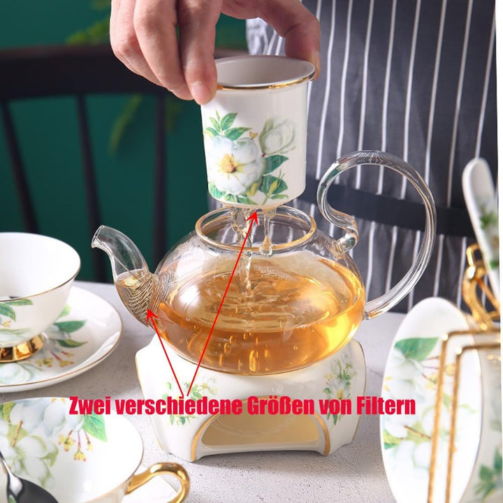 15 Stück Europäischen Blumen Tee Set,Muster Bone China Tee Set Service Kaffee Set, Beheizte Glas Tee