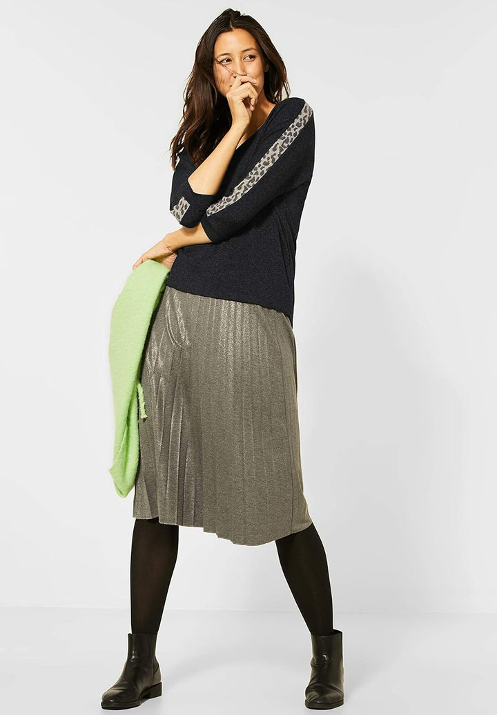 Street One Damen Shirt mit Leo-Details Anthracite Melange 36 Rundhalsausschnit, Flammgarn, 3/4-Arm,