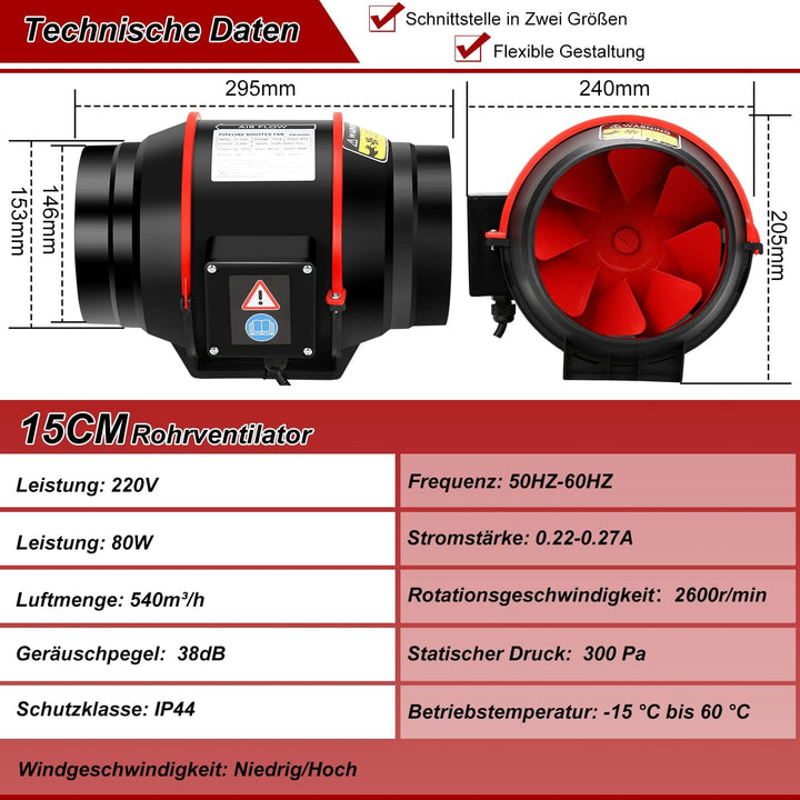 Ikodm 150 mm Einstellbar Rauchabzug Rohrventilator Inline-Kanalventilator, 540 m3/h Abluftventilator