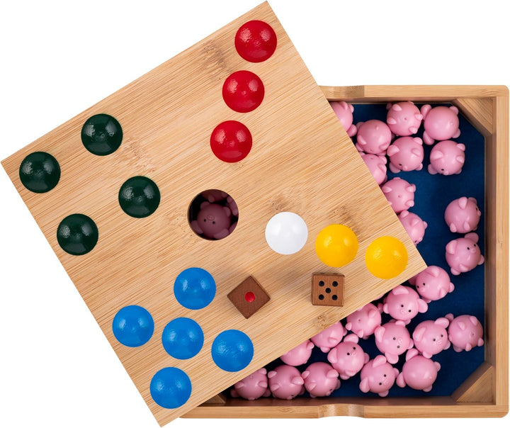 Engelhart Schweinchen Spiel Würfelspiel mit grossen 2 cm Silikon-Schweinchen – Ferkelspiel in Holzbo