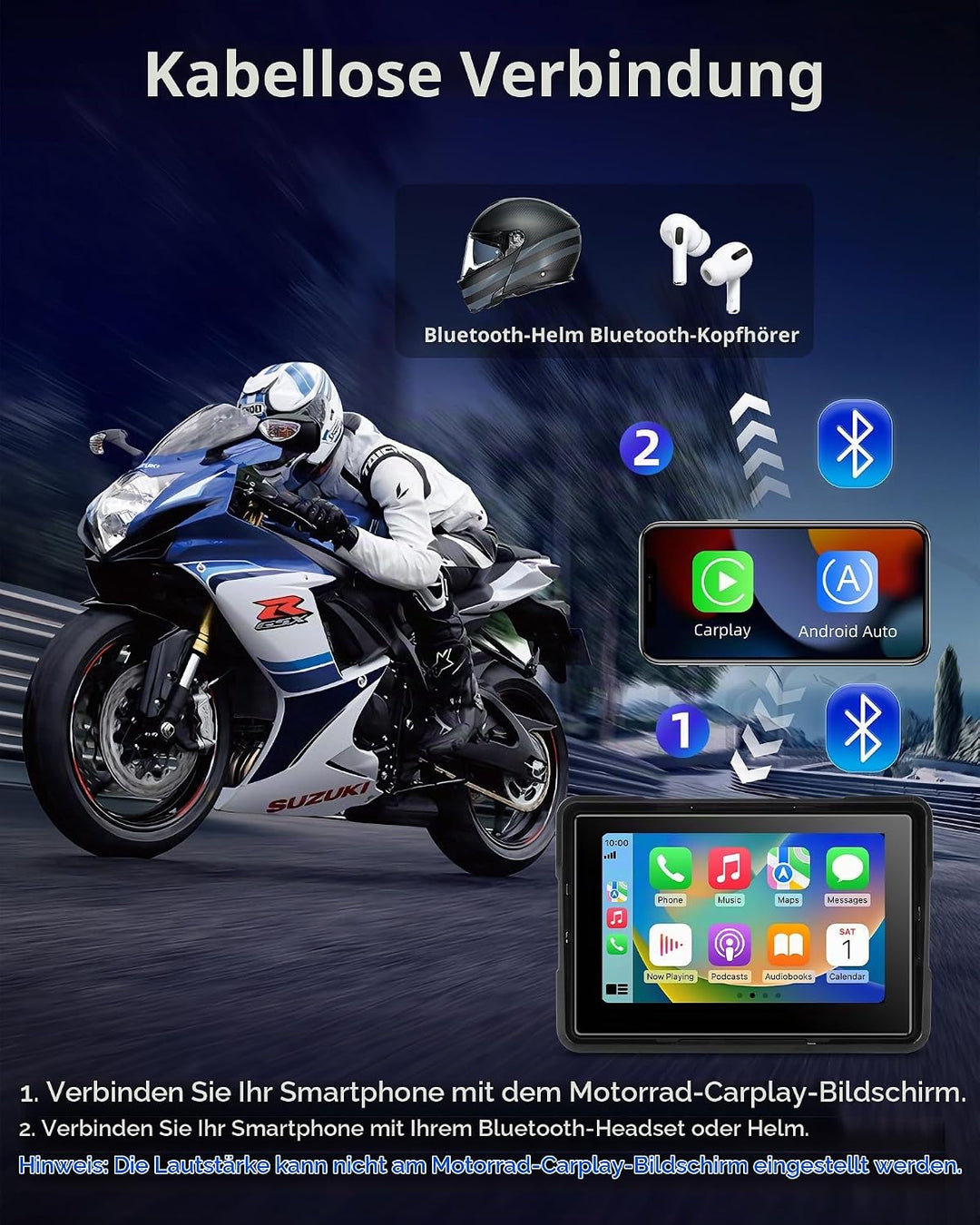 Jansite Motorrad Carplay Bildschirm Android Auto mit TPMS Reifendruckkontrollsystem, Motorrad Navi m
