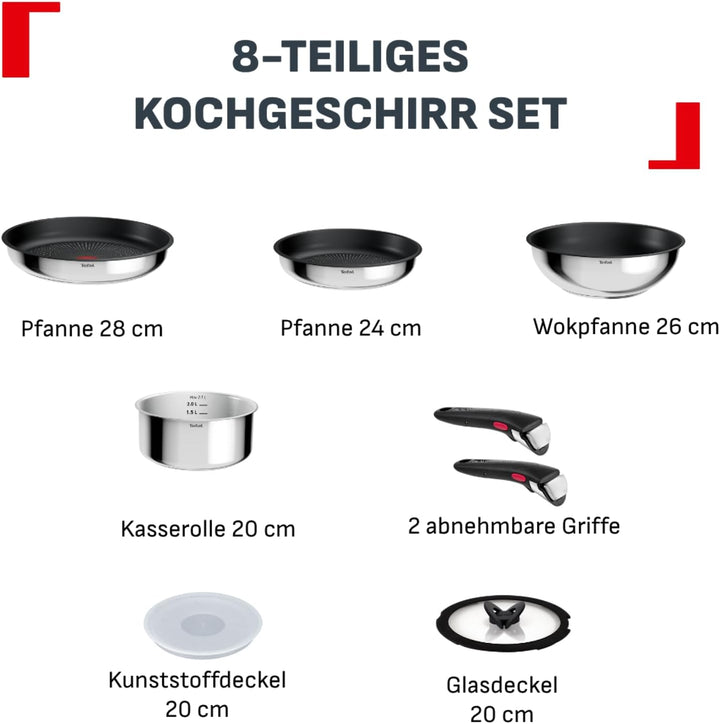Tefal Ingenio Comfort Max 8-tlg. Kochgeschirr-Set, Titanium Antihaftversiegelung, stapelbar, platzsp