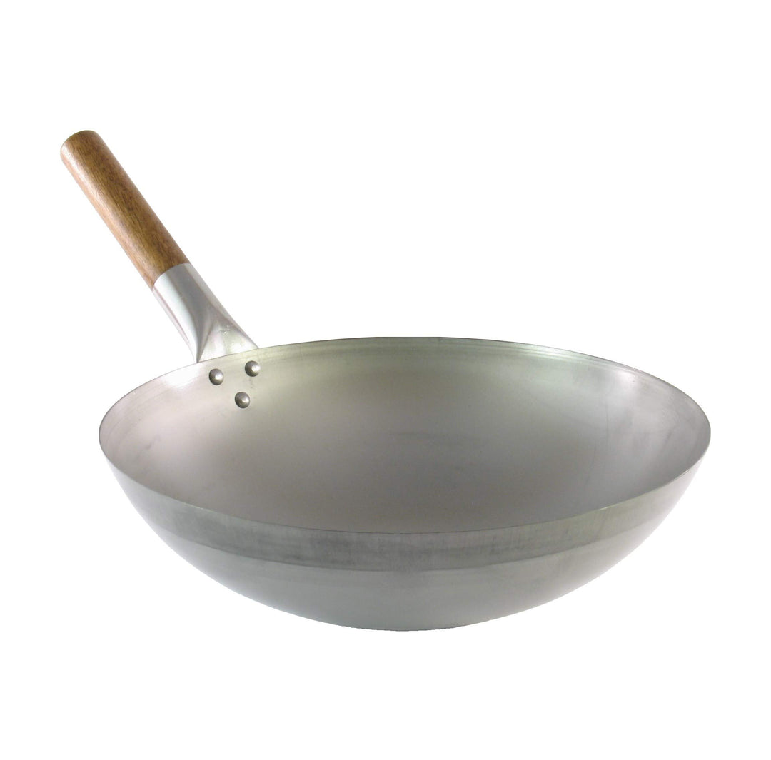 Traditioneller Wok aus Karbonstahl - Professionelle Qualität - Runder Boden - Stielgriff aus Holz -